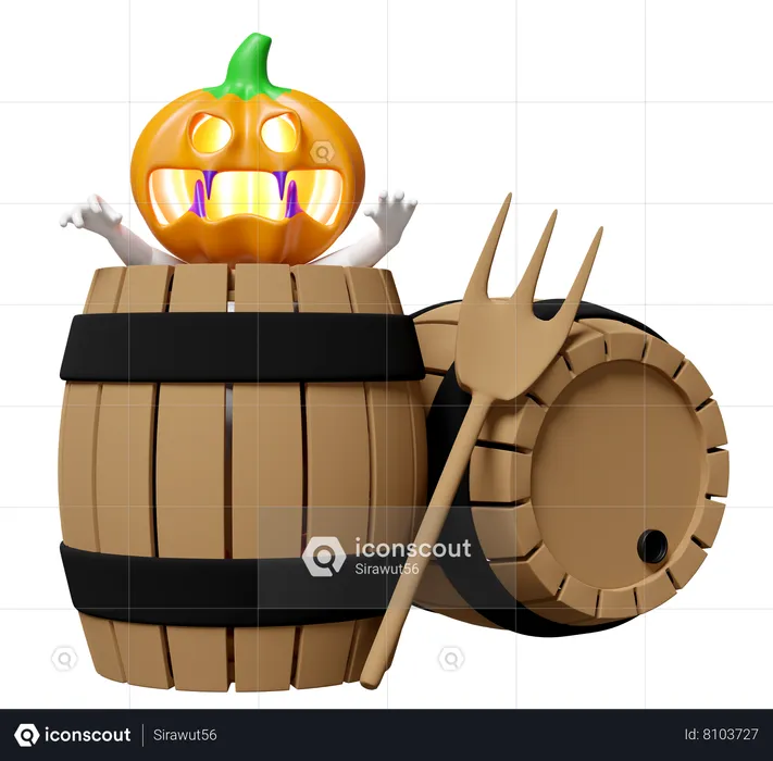 Pumpkin Head Man In Wooden Bucket  3D Illustration
