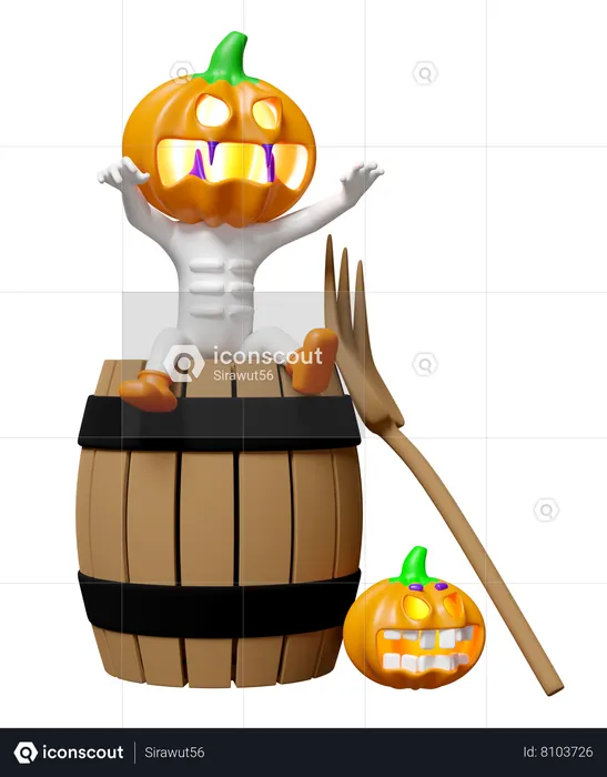 Pumpkin Head Man Sitting On Wooden Barrel  3D Illustration