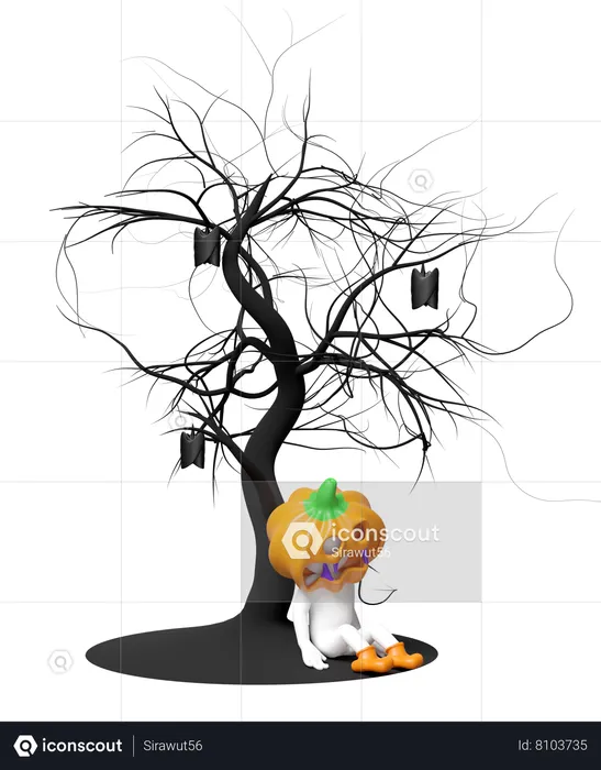 Pumpkin Head Man Sleeping Under Dead Tree  3D Illustration