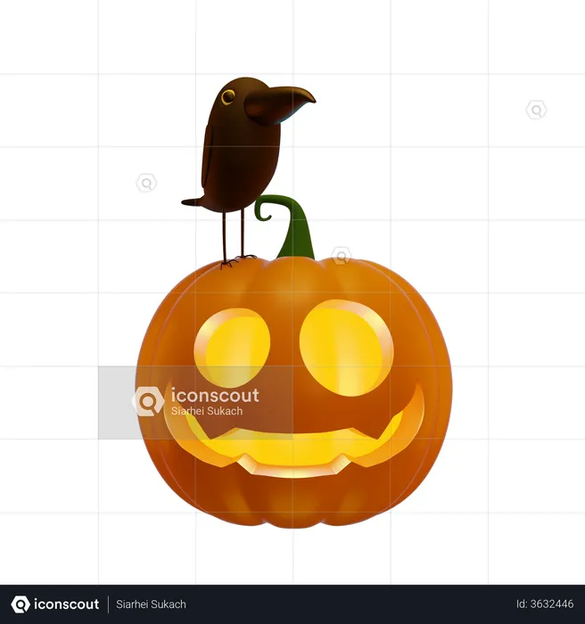 Pumpkin Lantern And Black Crow  3D Illustration