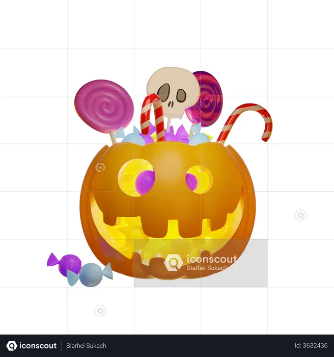 Pumpkin Lantern And Children Sweets  3D Illustration