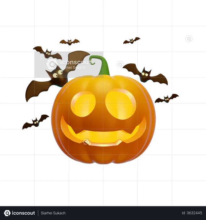Pumpkin Lantern And Flying Bats  3D Illustration