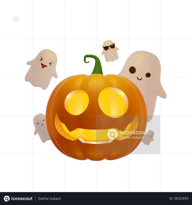 Pumpkin Lantern And Flying Ghosts  3D Illustration