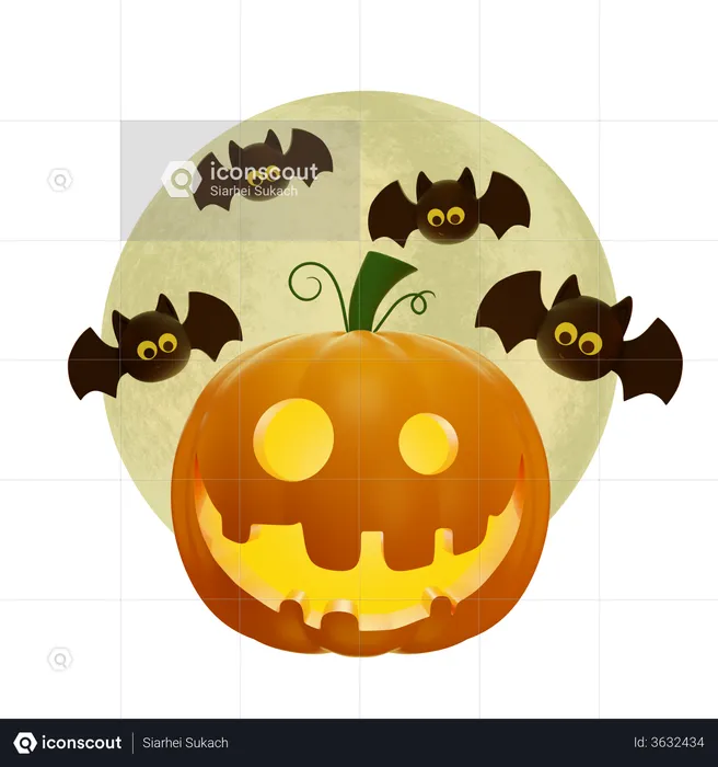 Pumpkin Lantern And Full Moon With Flying Bats  3D Illustration