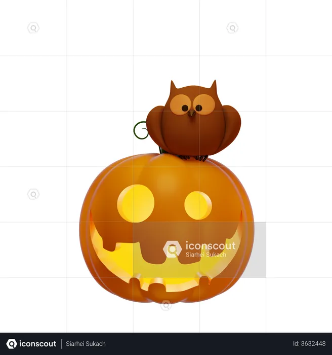 Pumpkin Lantern And Owl  3D Illustration
