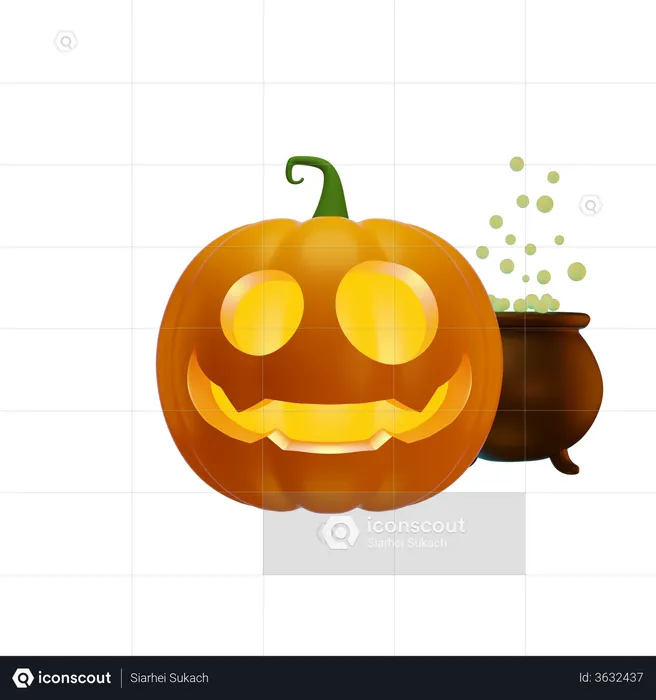 Pumpkin Lantern And Witchs Cauldron With Green Potion  3D Illustration
