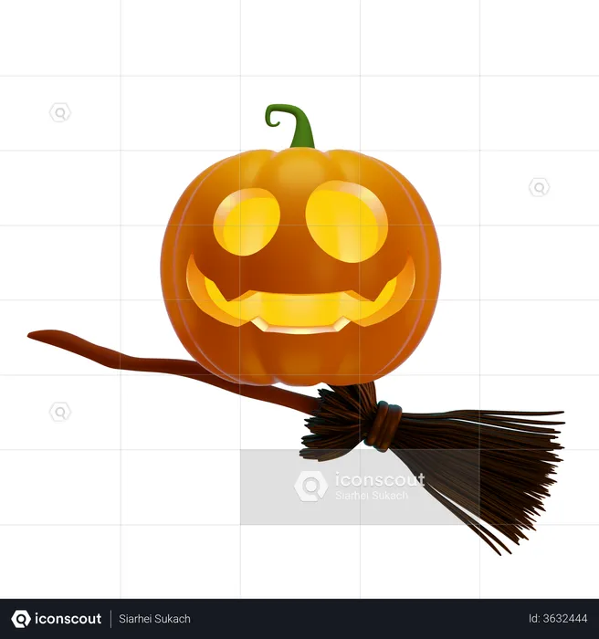 Pumpkin Lantern On Witchs Broomstick  3D Illustration