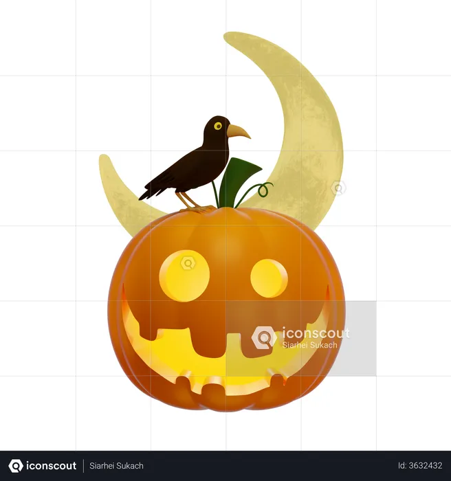 Pumpkin Lantern With A Sitting Black Raven And The Moon  3D Illustration