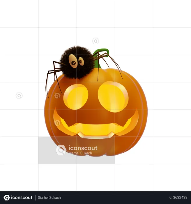 Pumpkin Lantern With Spider  3D Illustration