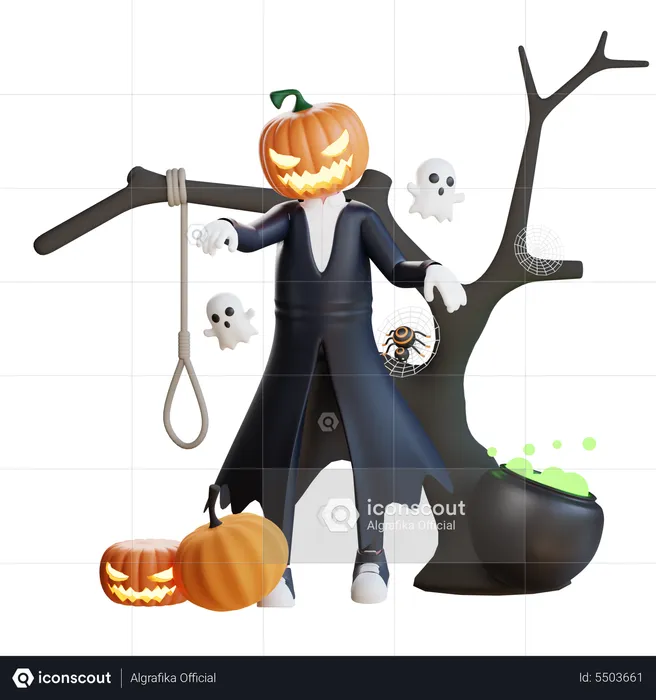 Pumpkin man scaring people  3D Illustration