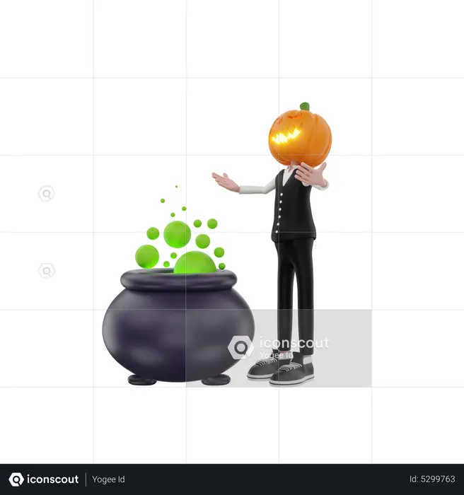 Pumpkin man with cauldron  3D Illustration