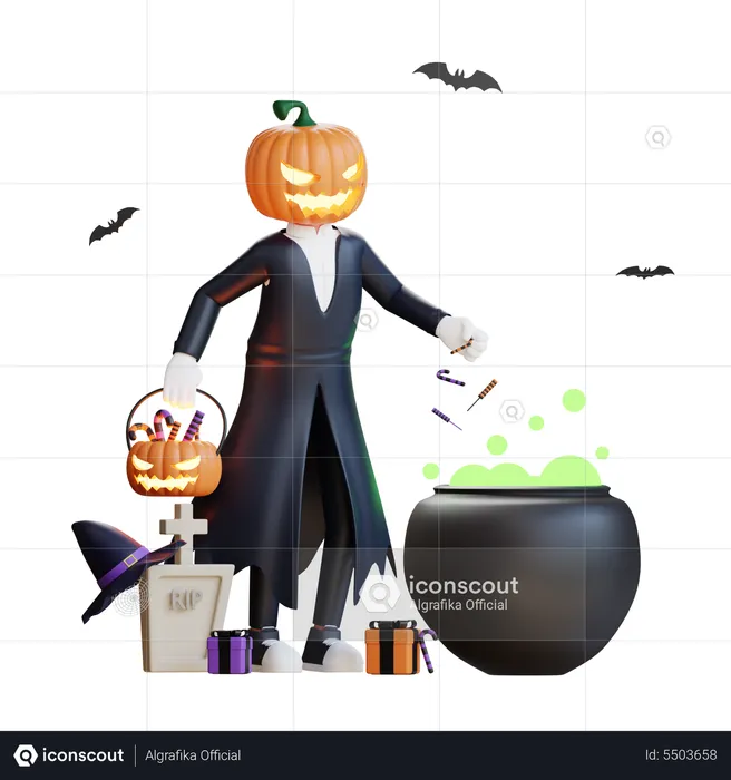 Pumpkin man with cauldron  3D Illustration