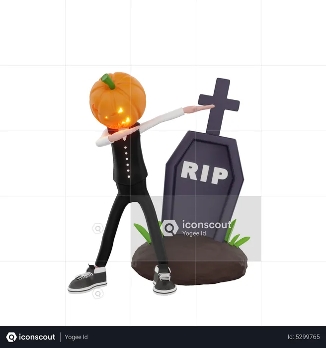 Pumpkin man with gravestone doing dab  3D Illustration
