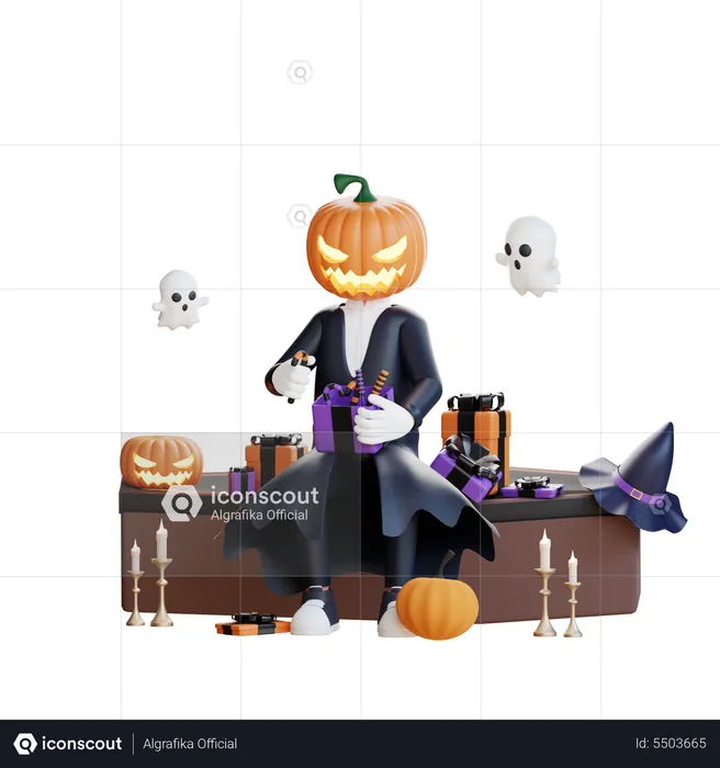 Pumpkin man with Halloween gift  3D Illustration