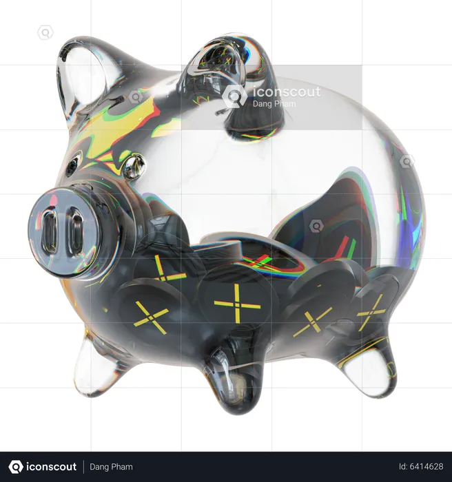 Pundix Clear Glass Piggy Bank With Decreasing Piles Of Crypto Coins  3D Icon