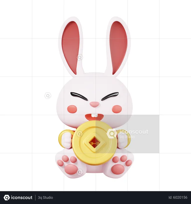 Rabbit Holding Gold Coin  3D Icon