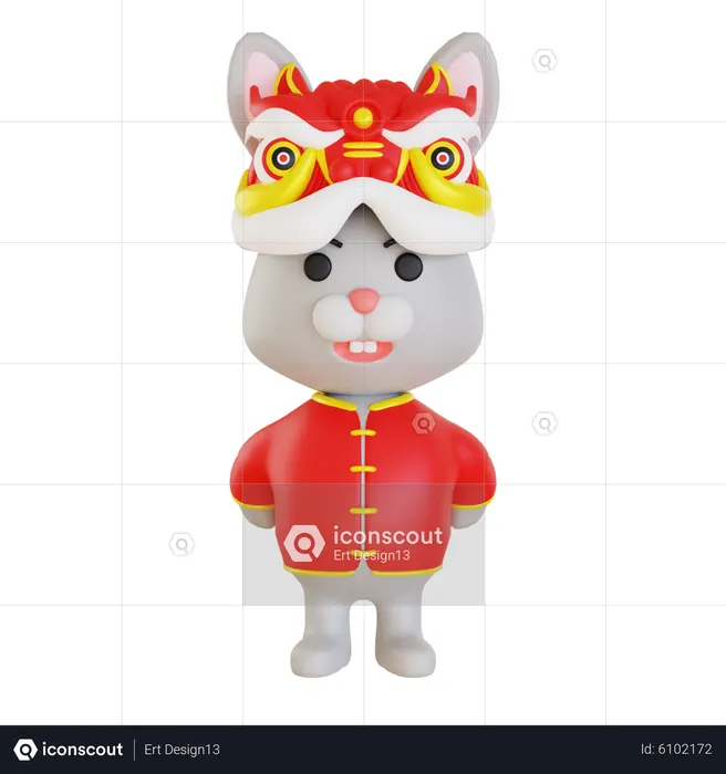 Rabbit Performing Lion Dance  3D Illustration