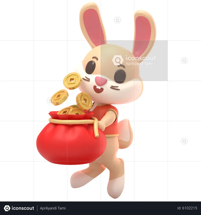 Rabbit With Chinese Coins Sack  3D Illustration