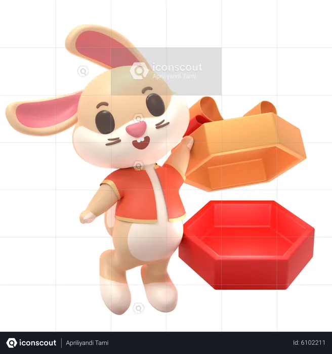 Rabbit With Gift Box  3D Illustration