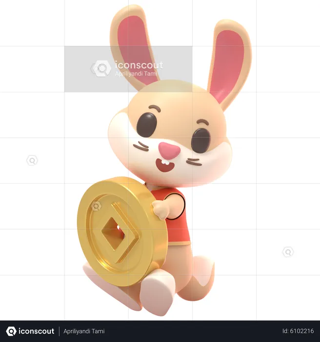 Rabbit With Gold Coin  3D Illustration