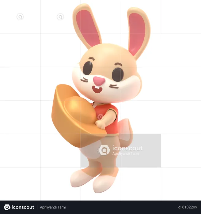 Rabbit With Gold Ingot  3D Illustration