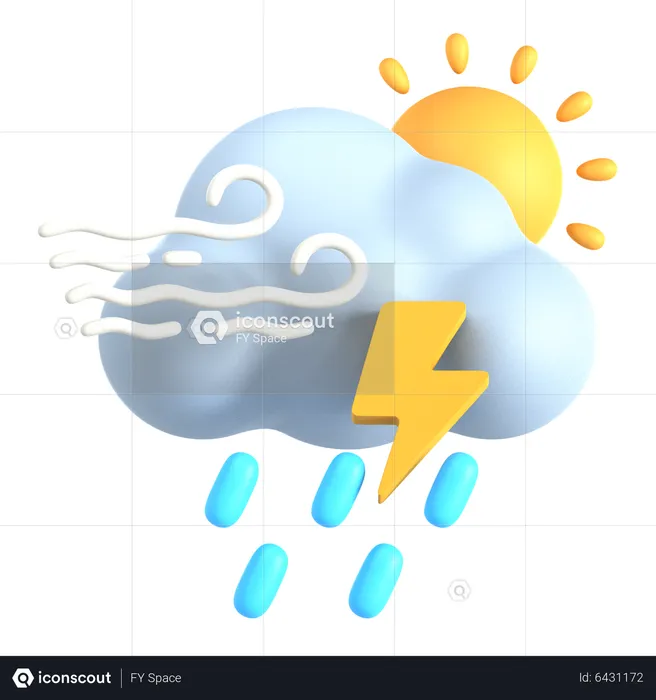 Rainy Thunder Storm At Day  3D Icon