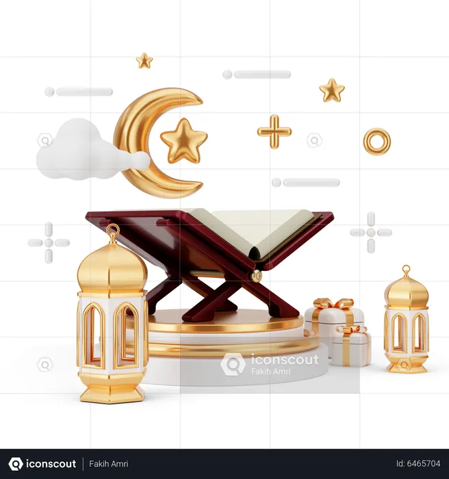 Pódio do Ramadã com Alcorão  3D Illustration