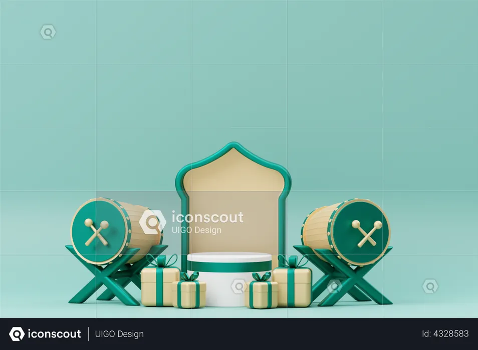 Pódio do Ramadã com bedug e presente  3D Illustration