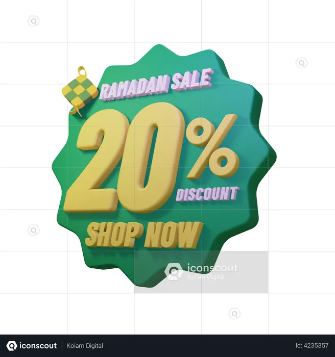 Ramadan 20 Percent Sale Badge  3D Illustration