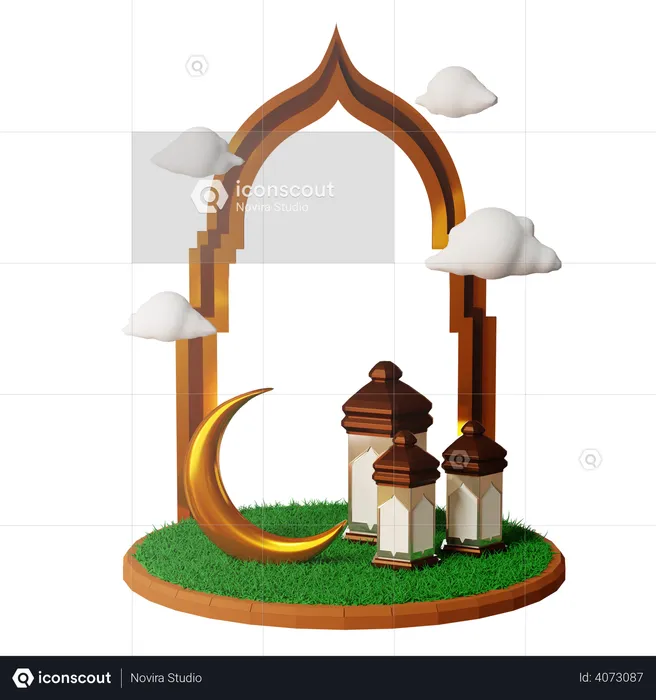 Ramadan podium with Lateran and moon  3D Illustration