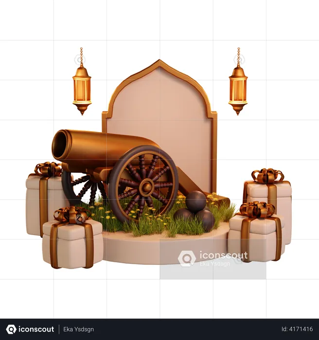 Ramadan Cannon And Gift Podium  3D Illustration