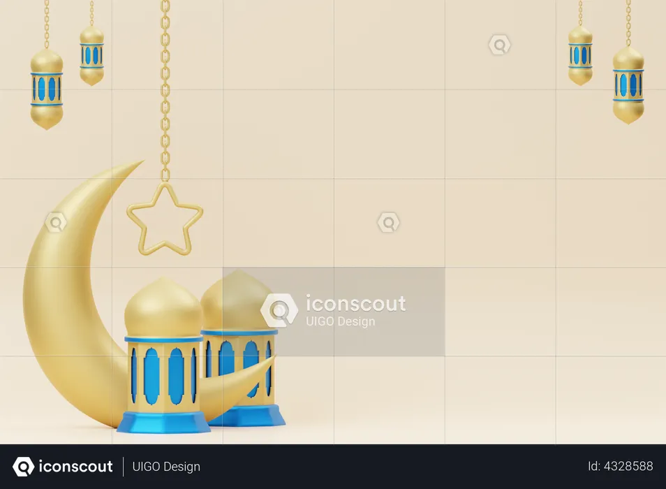 Ramadan Crescent and lantern  3D Illustration