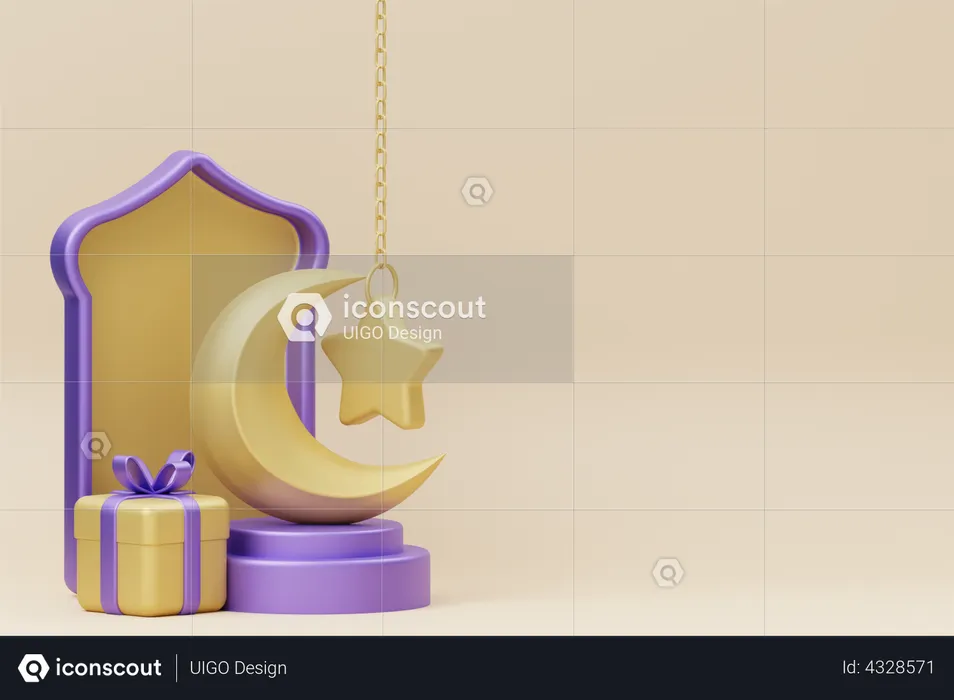 Ramadan crescent podium with Gift box  3D Illustration