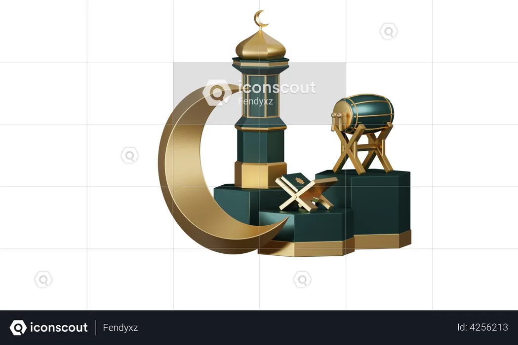 Ramadan Drums And Mosque Ornaments On Podium  3D Illustration