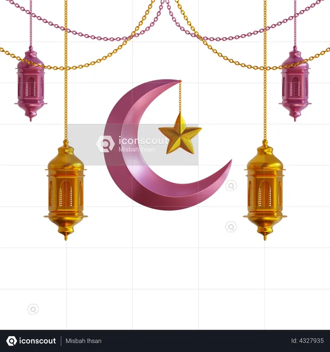 Ramadan Moon and Lantern  3D Illustration