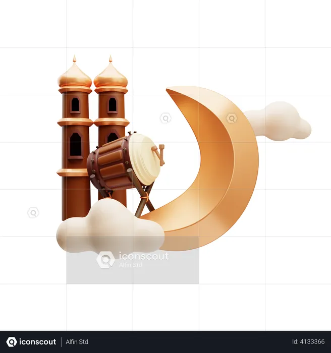 Ramadan moon with bedug  3D Illustration