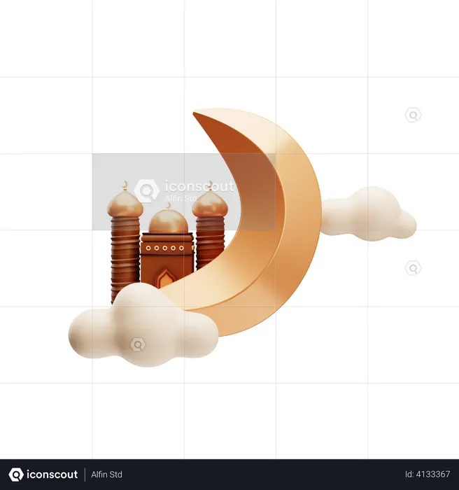Ramadan moon with mosque  3D Illustration