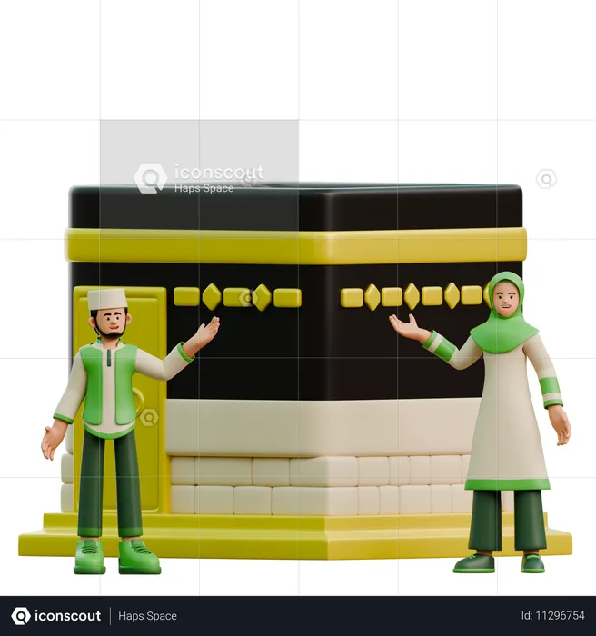 Pareja en Ramadán cerca de la Kaaba  3D Illustration