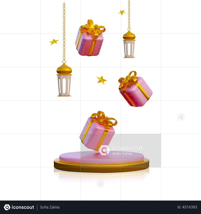 Ramadan-Podium mit Geschenkbox und Laterne  3D Illustration