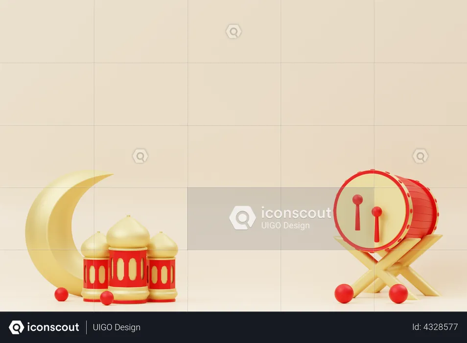 Ramadan Podium With bedug and crescents  3D Illustration