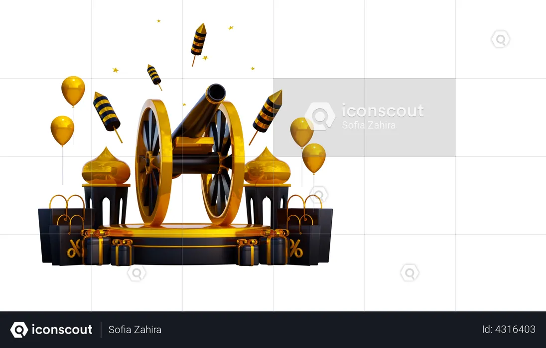 Ramadan Podium With Cannon  3D Illustration