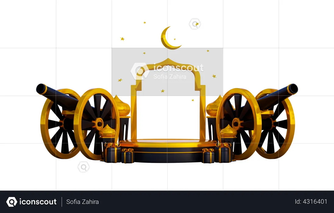 Ramadan Podium With Cannon And Gift  3D Illustration
