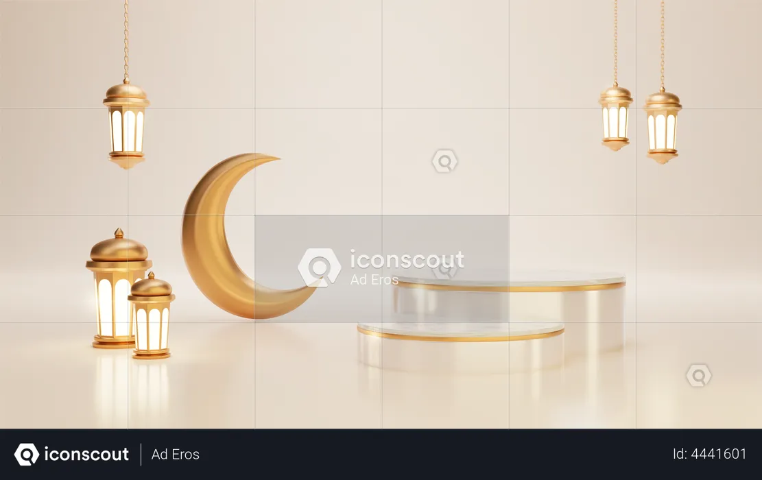 Ramadan podium with Crescent And Lantern  3D Illustration