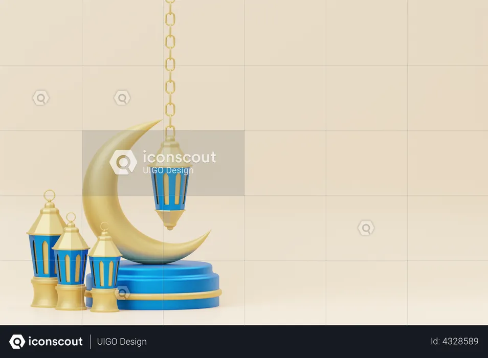 Ramadan podium with crescent and lantern  3D Illustration