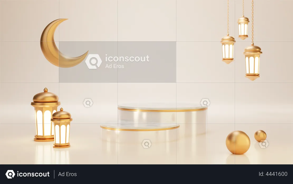 Ramadan podium with Crescent And Lantern  3D Illustration