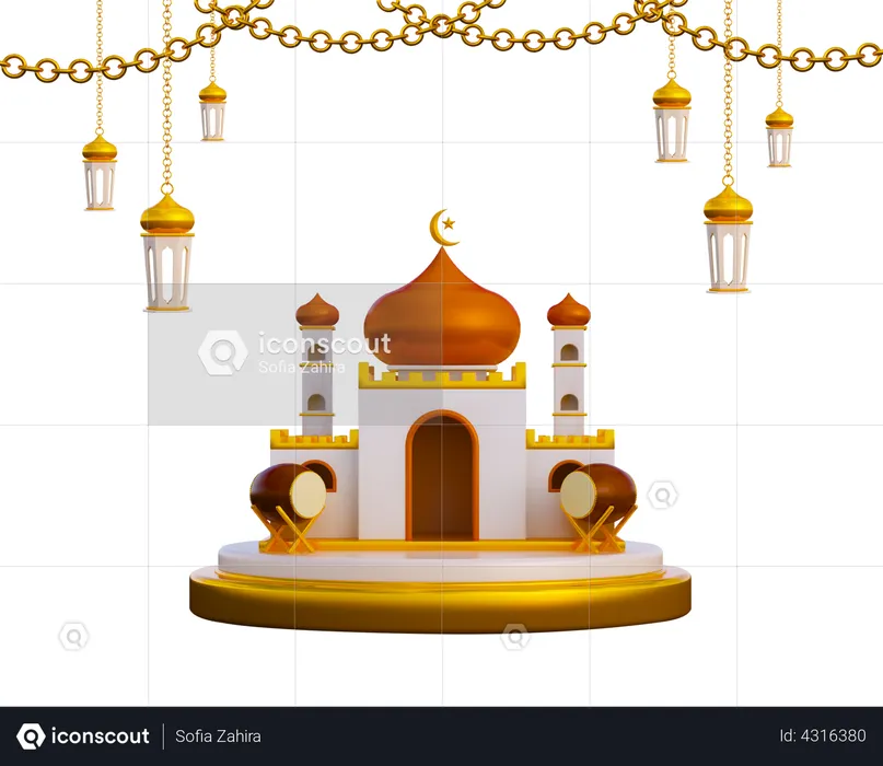 Ramadan Podium With Mosque  3D Illustration