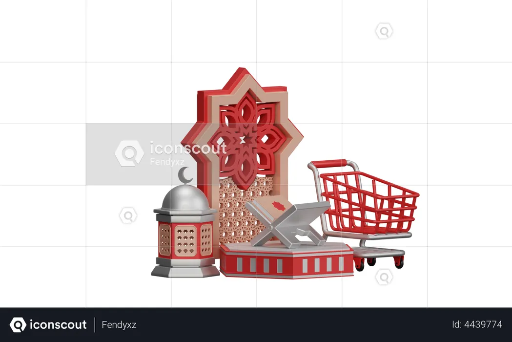 Ramadan Sale With Trolley And Mosque Ornament  3D Illustration