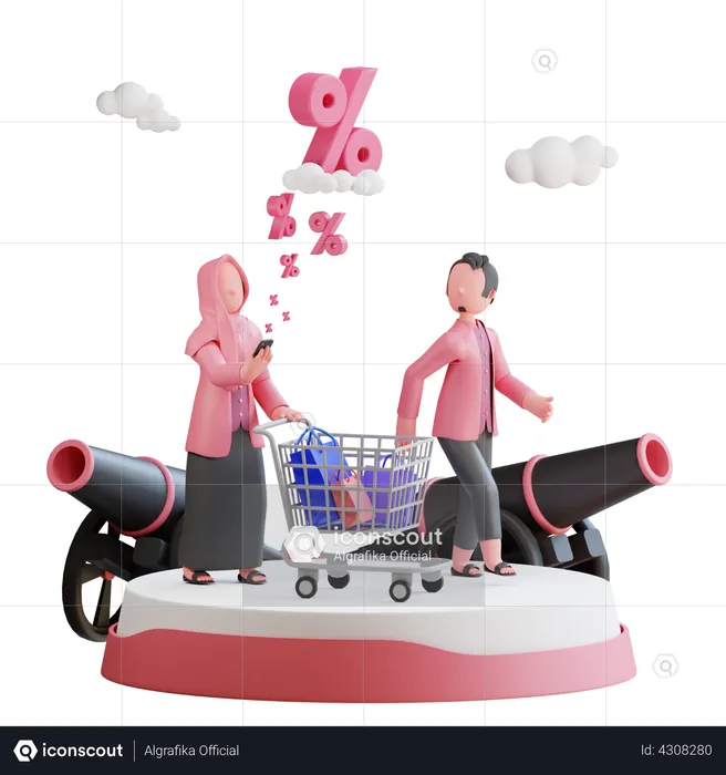 커플의 라마단 쇼핑  3D Illustration