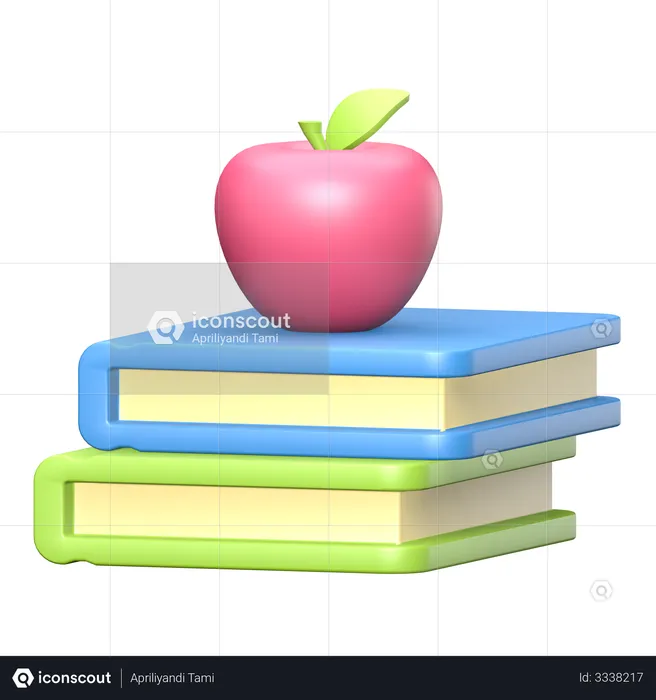 Red apple on a pile of books  3D Illustration