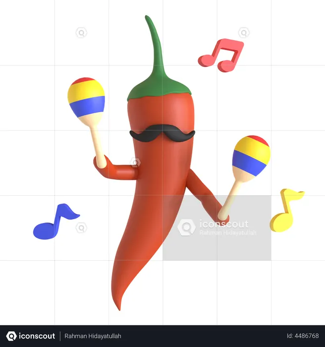 Red chili pepper playing maracas  3D Illustration